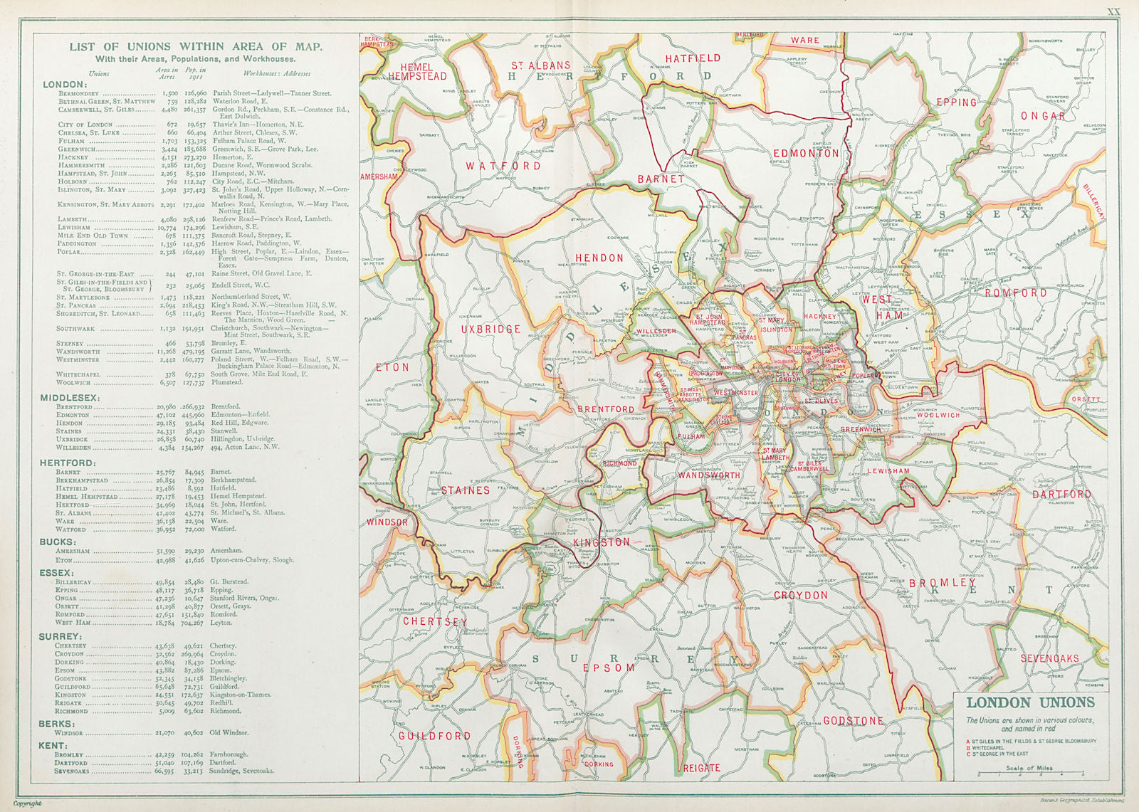 LONDON POOR LAW UNIONS. Workhouses. Populations. BACON 1920 old antique map